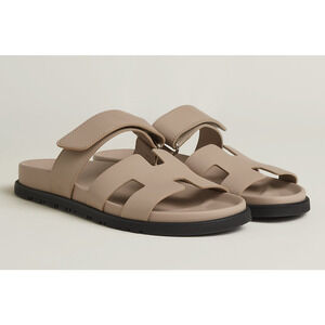 Hermes Chypre Sandal Beige Mastic Leather Black Logo Strap Slide Slip On Flat 42